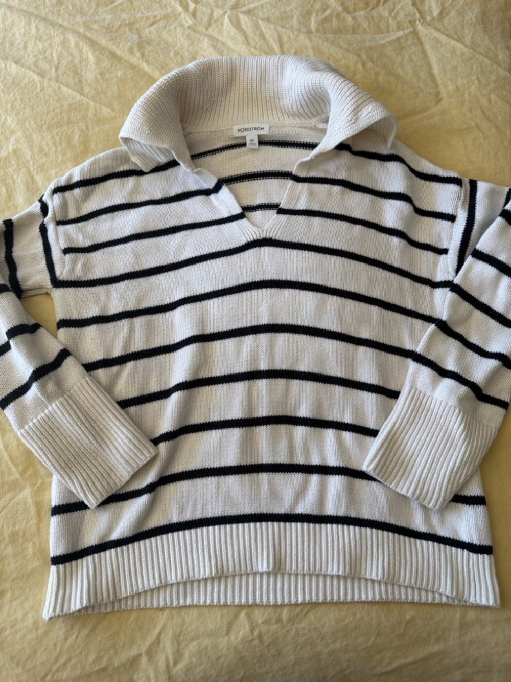 Nordstrom Striped Sweater Cotton Cashmere Cream Black XS Collared V Neck - Picture 4 of 5